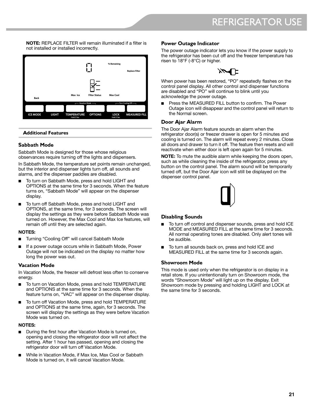 KitchenAid W10417002A manual Sabbath Mode, Vacation Mode, Door Ajar Alarm, Disabling Sounds, Showroom Mode 