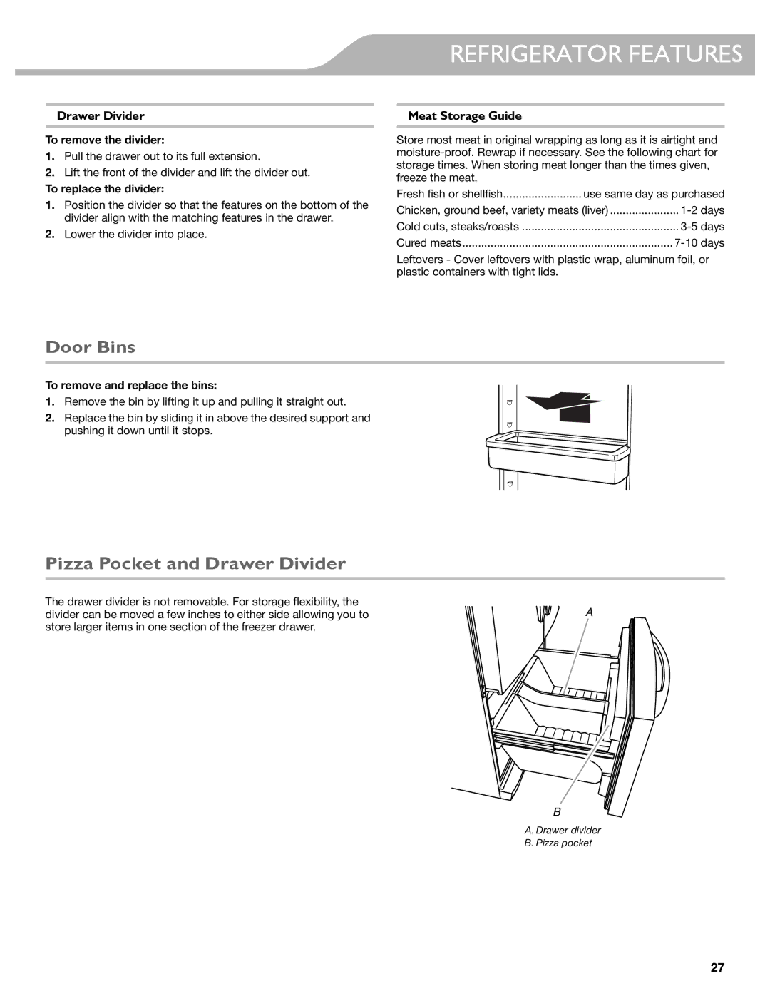 KitchenAid W10417002A manual Door Bins, Pizza Pocket and Drawer Divider, Meat Storage Guide 