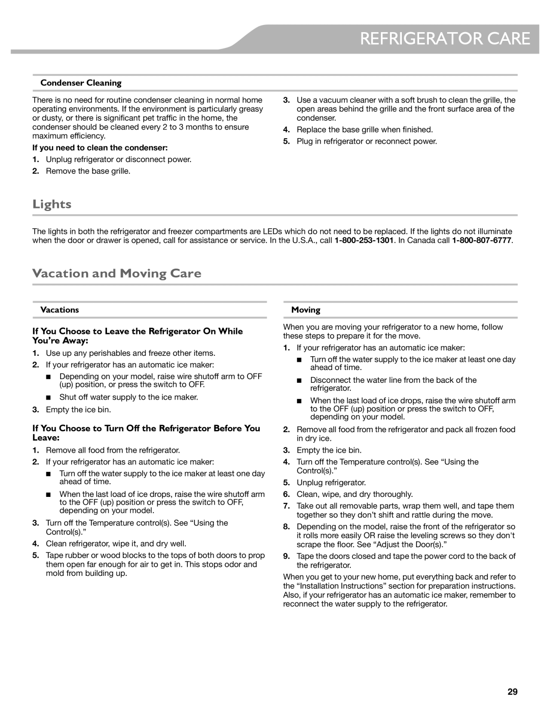 KitchenAid W10417002A manual Lights, Vacation and Moving Care, If You Choose to Turn Off the Refrigerator Before You Leave 