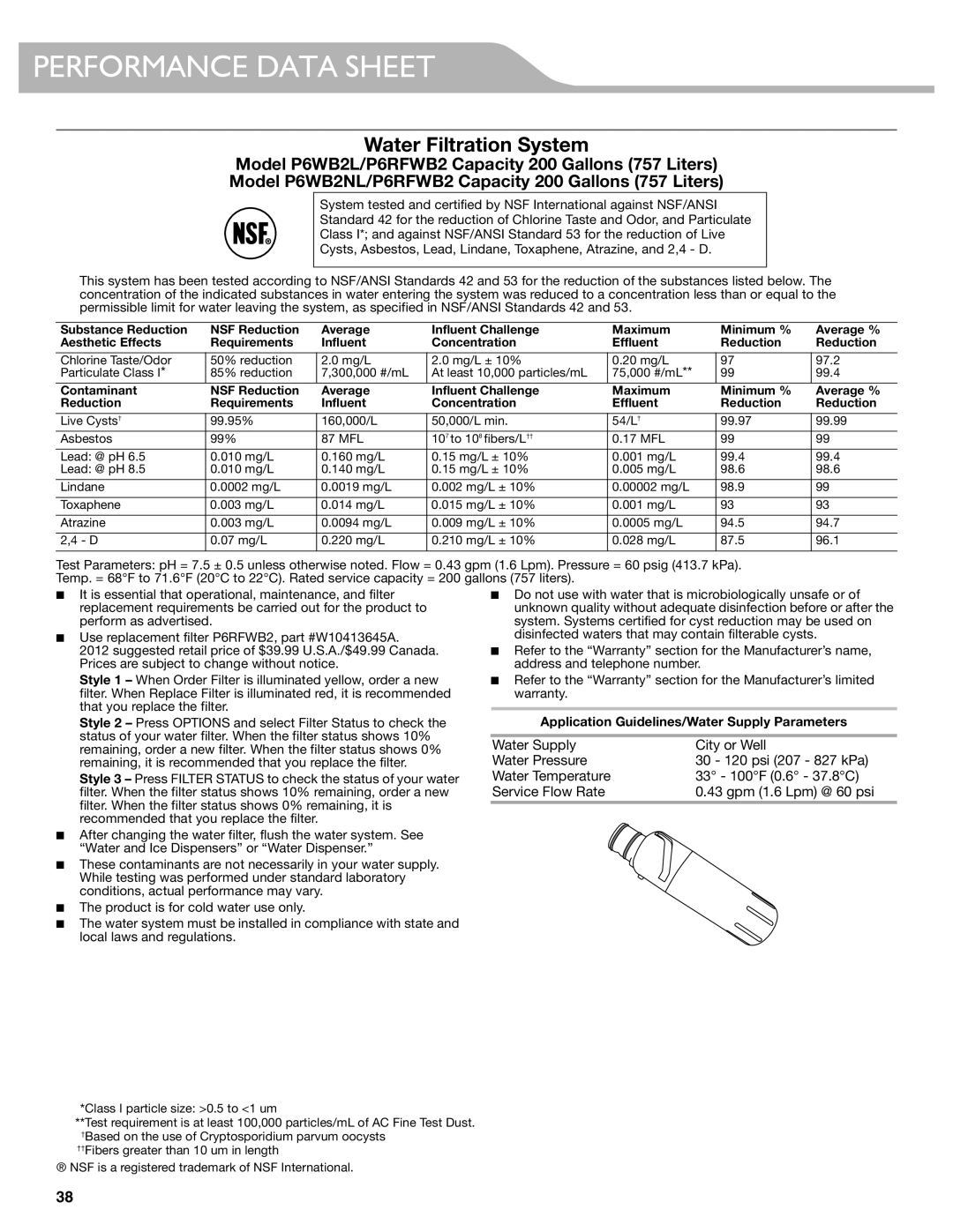 KitchenAid W10417002A manual Performance Data Sheet, Water Filtration System 