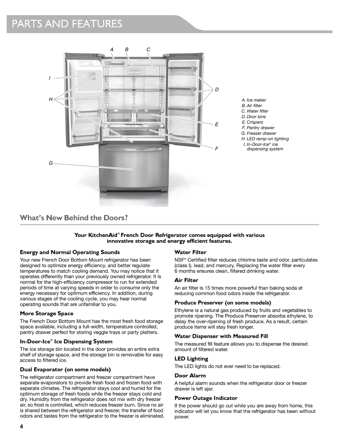 KitchenAid W10417002A manual Parts and Features, What’s New Behind the Doors? 