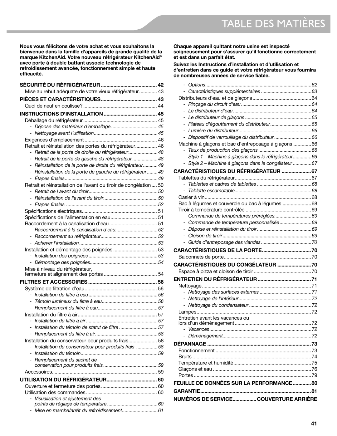 KitchenAid W10417002A manual Table DES Matières 