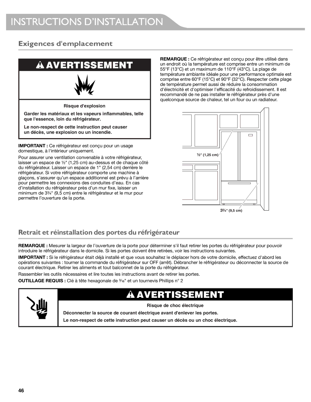 KitchenAid W10417002A manual Exigences demplacement, Retrait et réinstallation des portes du réfrigérateur 