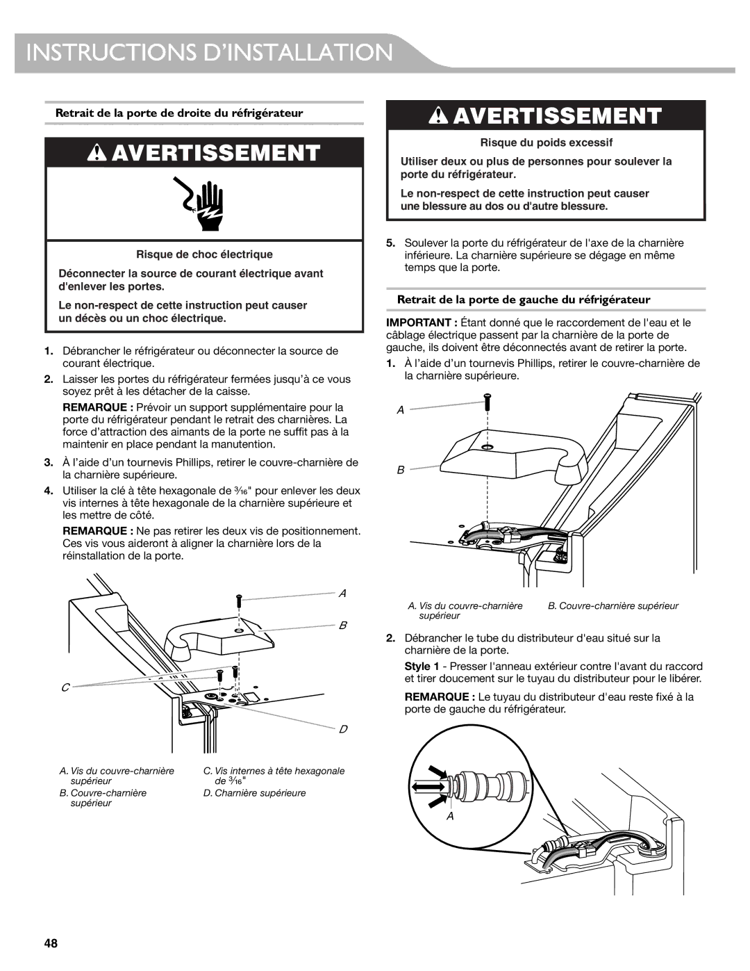 KitchenAid W10417002A manual Retrait de la porte de droite du réfrigérateur, Retrait de la porte de gauche du réfrigérateur 