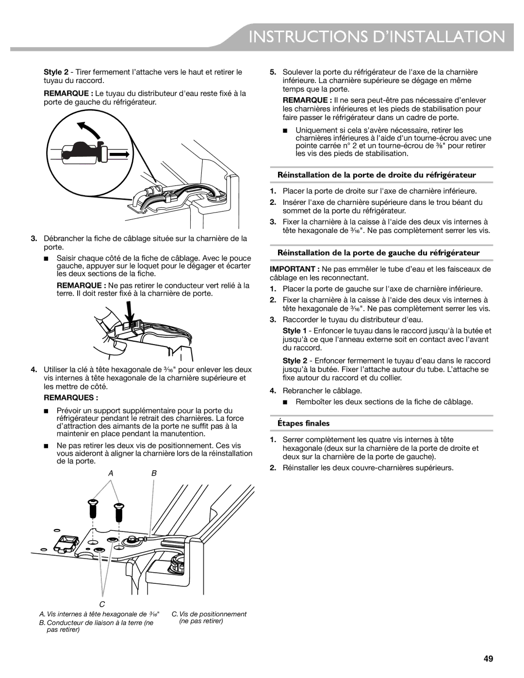 KitchenAid W10417002A manual Réinstallation de la porte de droite du réfrigérateur, Étapes finales, Remarques 