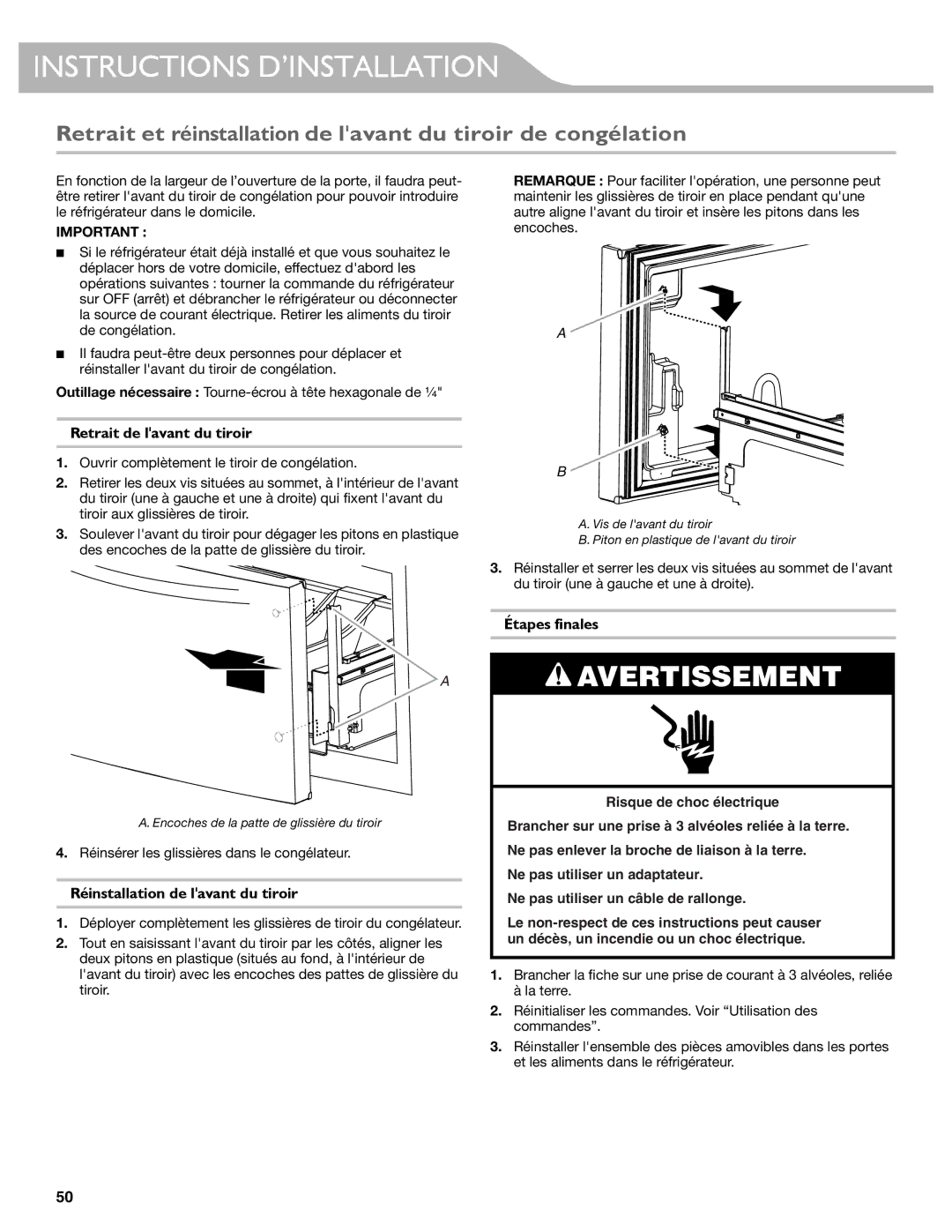 KitchenAid W10417002A manual Retrait de lavant du tiroir, Réinstallation de lavant du tiroir 