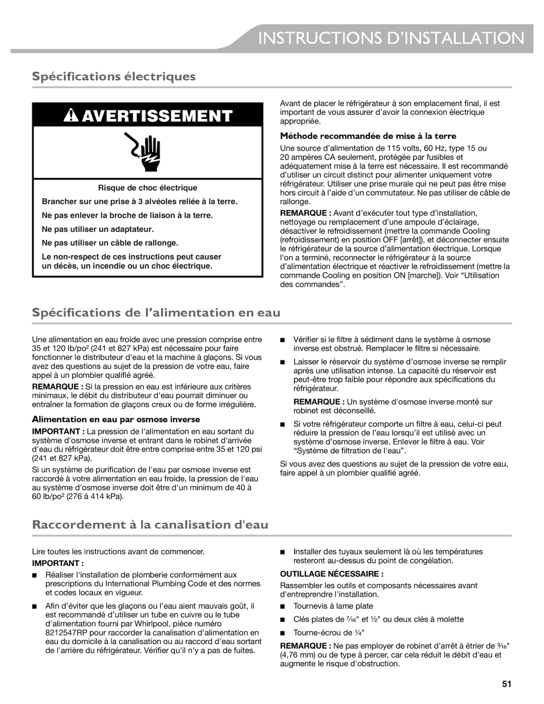 KitchenAid W10417002A manual Spécifications électriques, Spécifications de l’alimentation en eau 