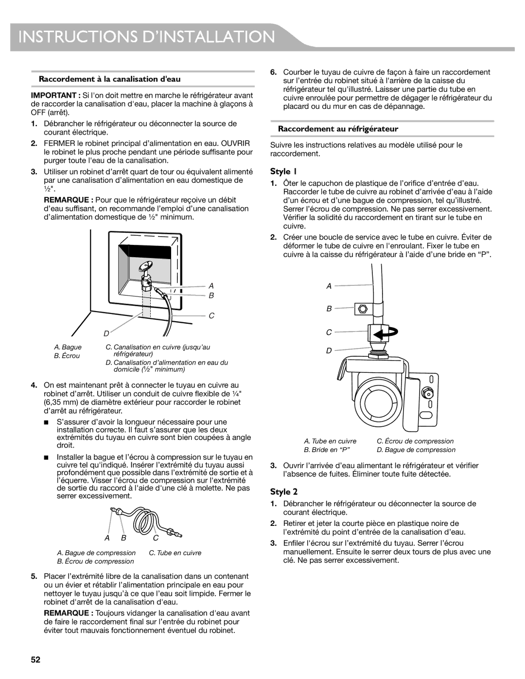 KitchenAid W10417002A manual Raccordement à la canalisation deau, Raccordement au réfrigérateur 