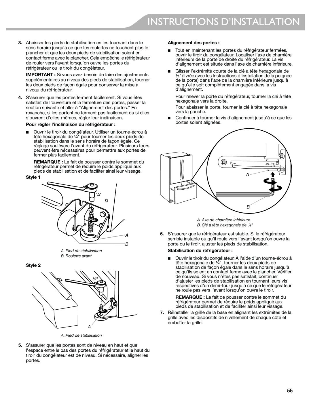 KitchenAid W10417002A Pour régler l’inclinaison du réfrigérateur, Alignement des portes, Stabilisation du réfrigérateur 