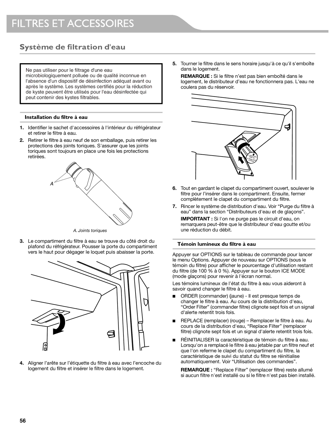 KitchenAid W10417002A manual Filtres ET Accessoires, Système de filtration deau, Installation du filtre à eau 