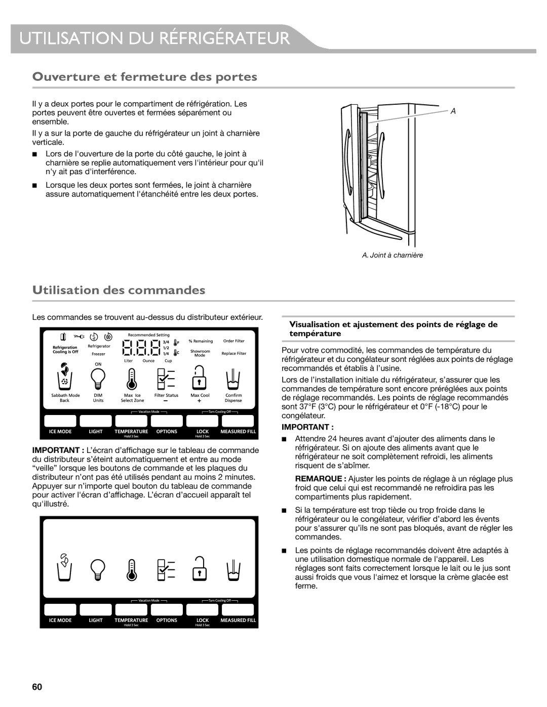 KitchenAid W10417002A manual Utilisation DU Réfrigérateur, Ouverture et fermeture des portes, Utilisation des commandes 