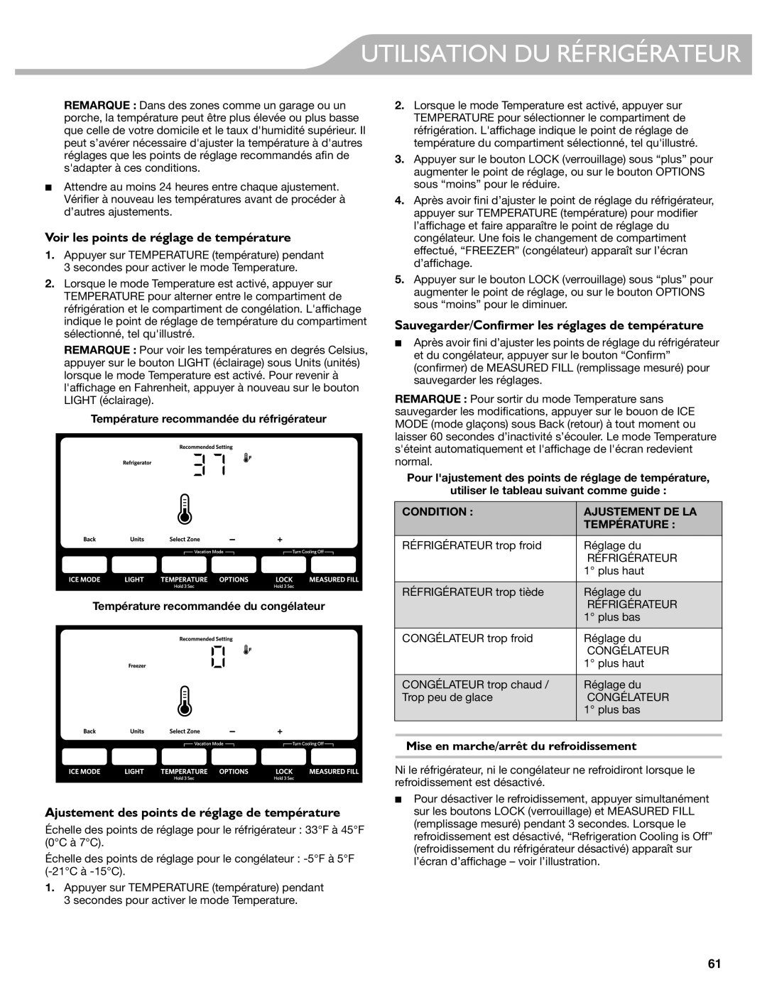 KitchenAid W10417002A manual Voir les points de réglage de température, Ajustement des points de réglage de température 