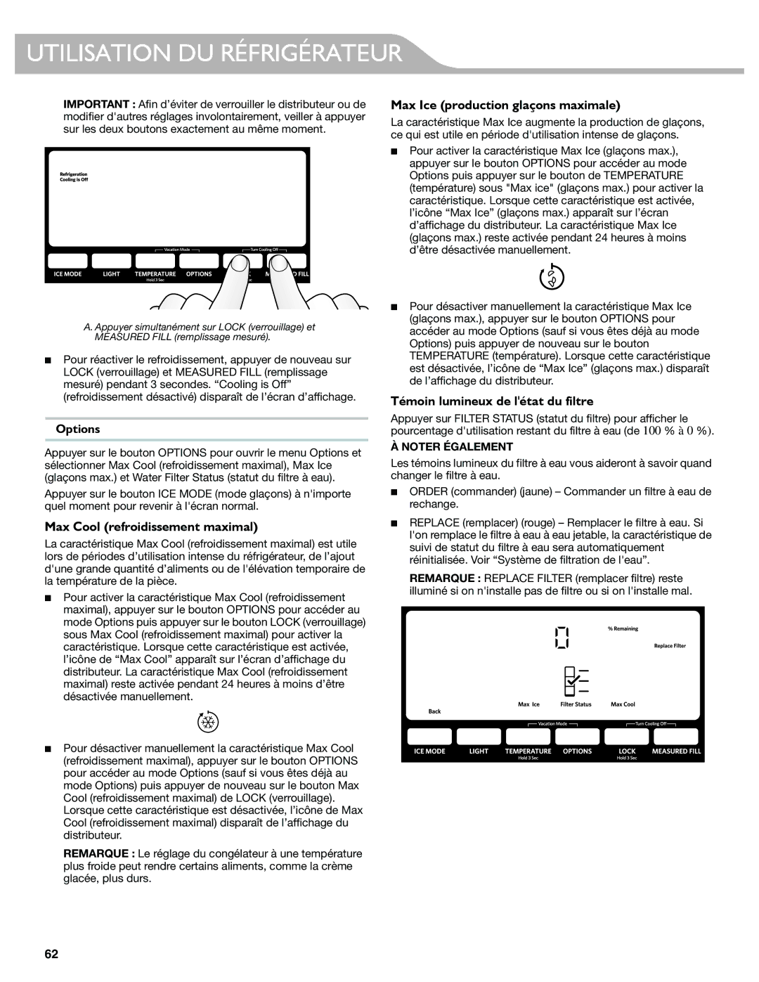 KitchenAid W10417002A manual Max Cool refroidissement maximal, Max Ice production glaçons maximale 