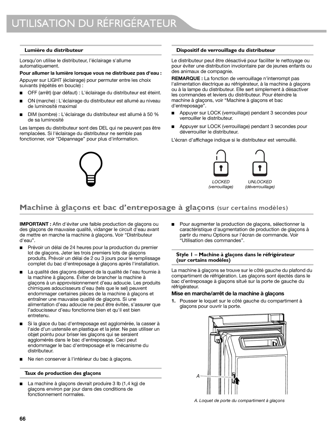 KitchenAid W10417002A Lumière du distributeur, Dispositif de verrouillage du distributeur, Taux de production des glaçons 