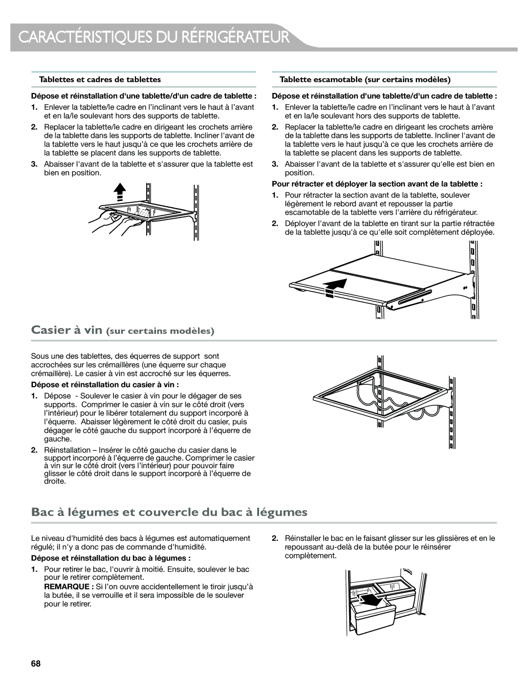 KitchenAid W10417002A manual Caractéristiques DU Réfrigérateur, Bac à légumes et couvercle du bac à légumes 