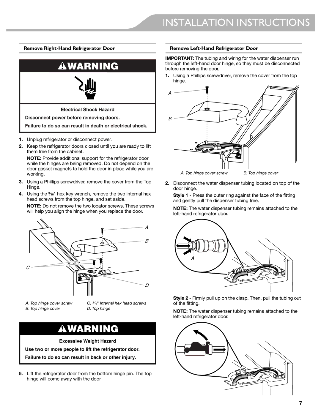 KitchenAid W10417002A manual Remove Right-Hand Refrigerator Door, Remove Left-Hand Refrigerator Door 