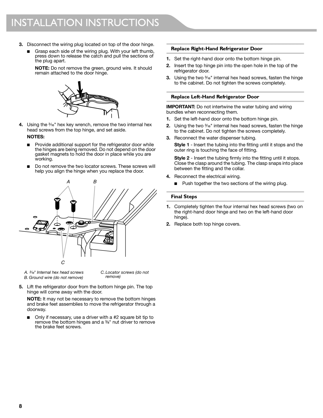 KitchenAid W10417002A manual Replace Right-Hand Refrigerator Door, Replace Left-Hand Refrigerator Door, Final Steps 