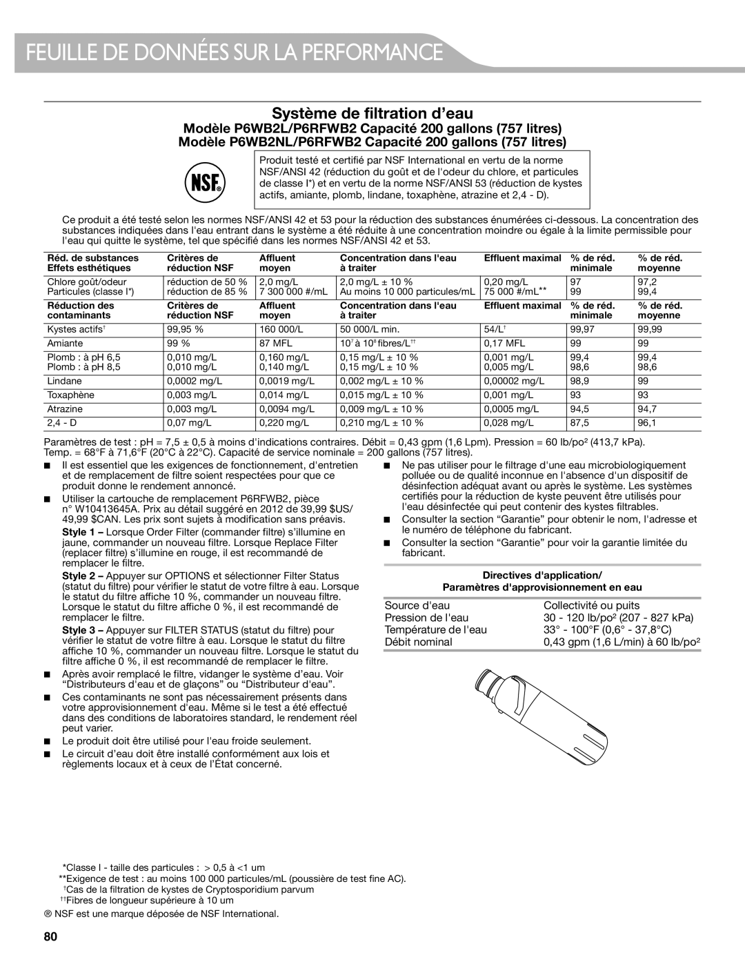 KitchenAid W10417002A manual Feuille DE Données SUR LA Performance, Système de filtration d’eau 