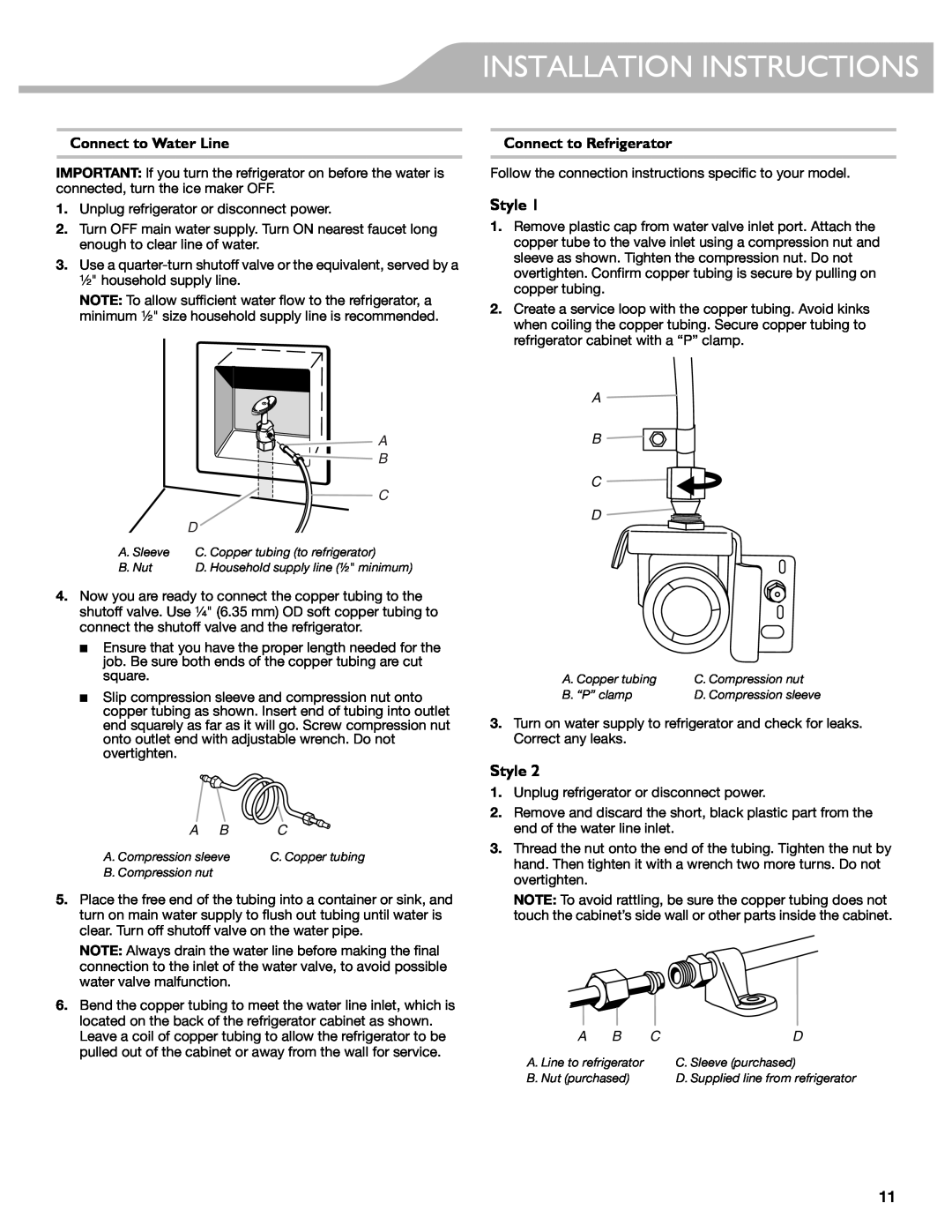 KitchenAid W10417002A manual Style, Connect to Water Line, Connect to Refrigerator, A B C, Installation Instructions 