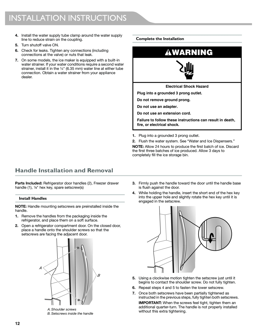 KitchenAid W10417002A manual Handle Installation and Removal, Complete the Installation, Install Handles 