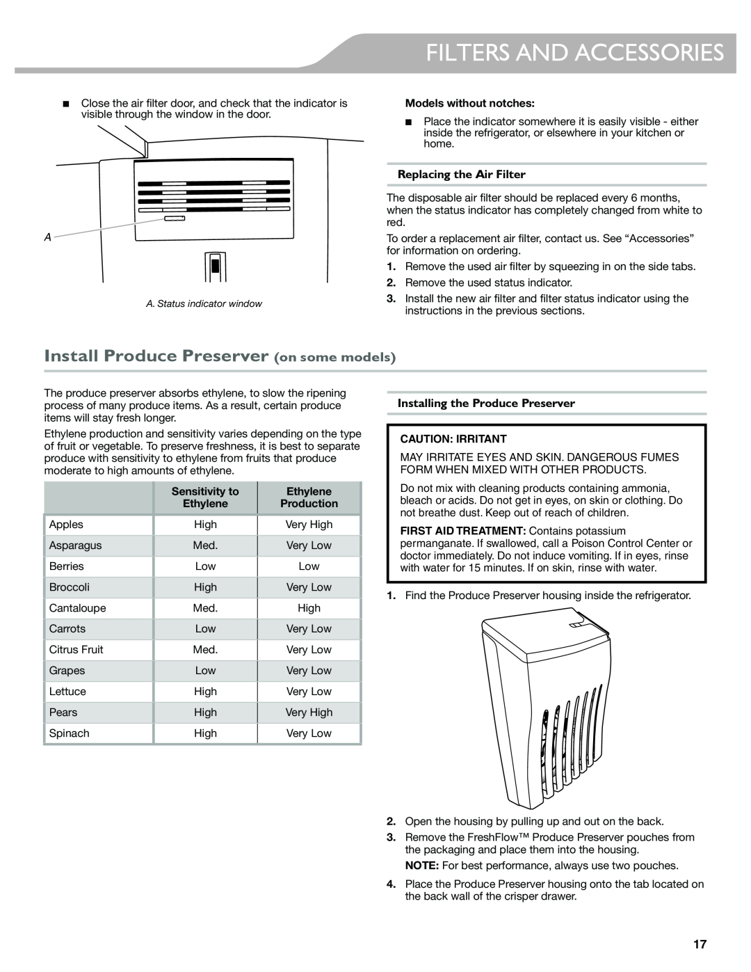 KitchenAid W10417002A manual Filters And Accessories, Install Produce Preserver on some models, Replacing the Air Filter 