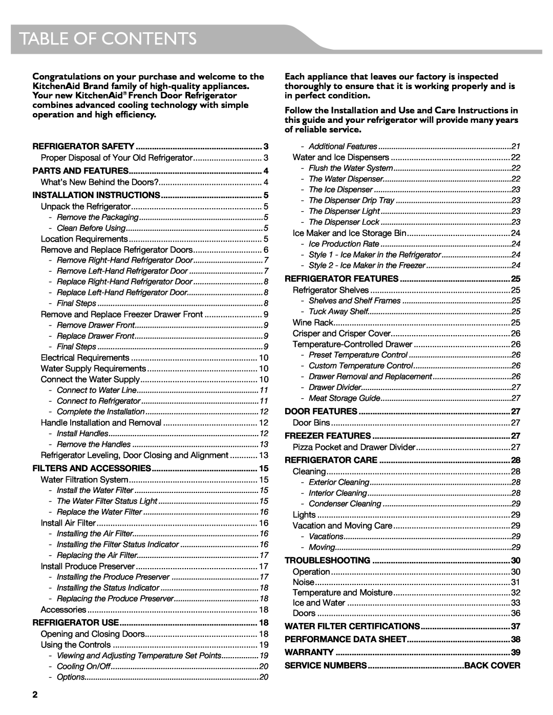 KitchenAid W10417002A manual Table Of Contents, Your new KitchenAid French Door Refrigerator, operation and high efficiency 