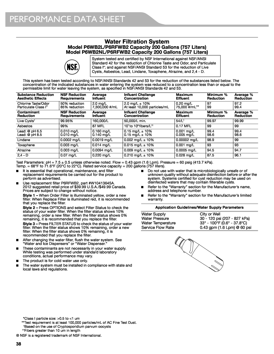 KitchenAid W10417002A manual Performance Data Sheet, Water Filtration System 