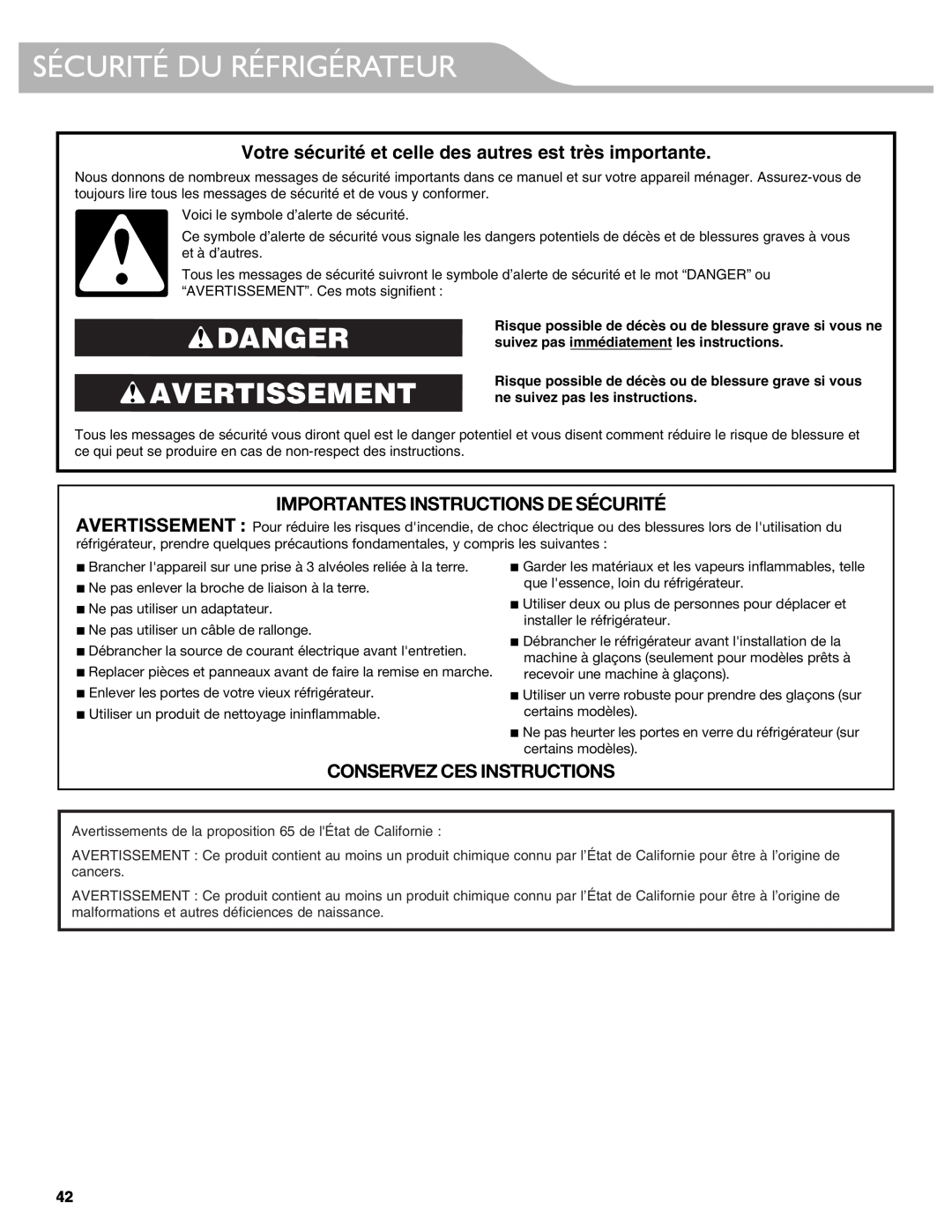 KitchenAid W10417002A manual Sécurité Du Réfrigérateur, Danger Avertissement, Importantes Instructions De Sécurité 
