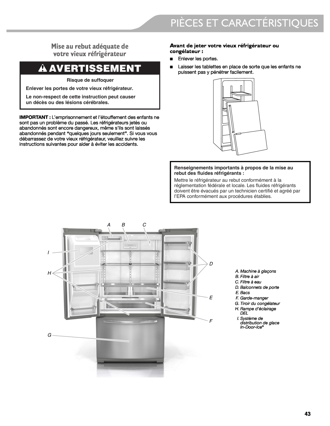 KitchenAid W10417002A manual Pièces Et Caractéristiques, Avertissement, Mise au rebut adéquate de votre vieux réfrigérateur 
