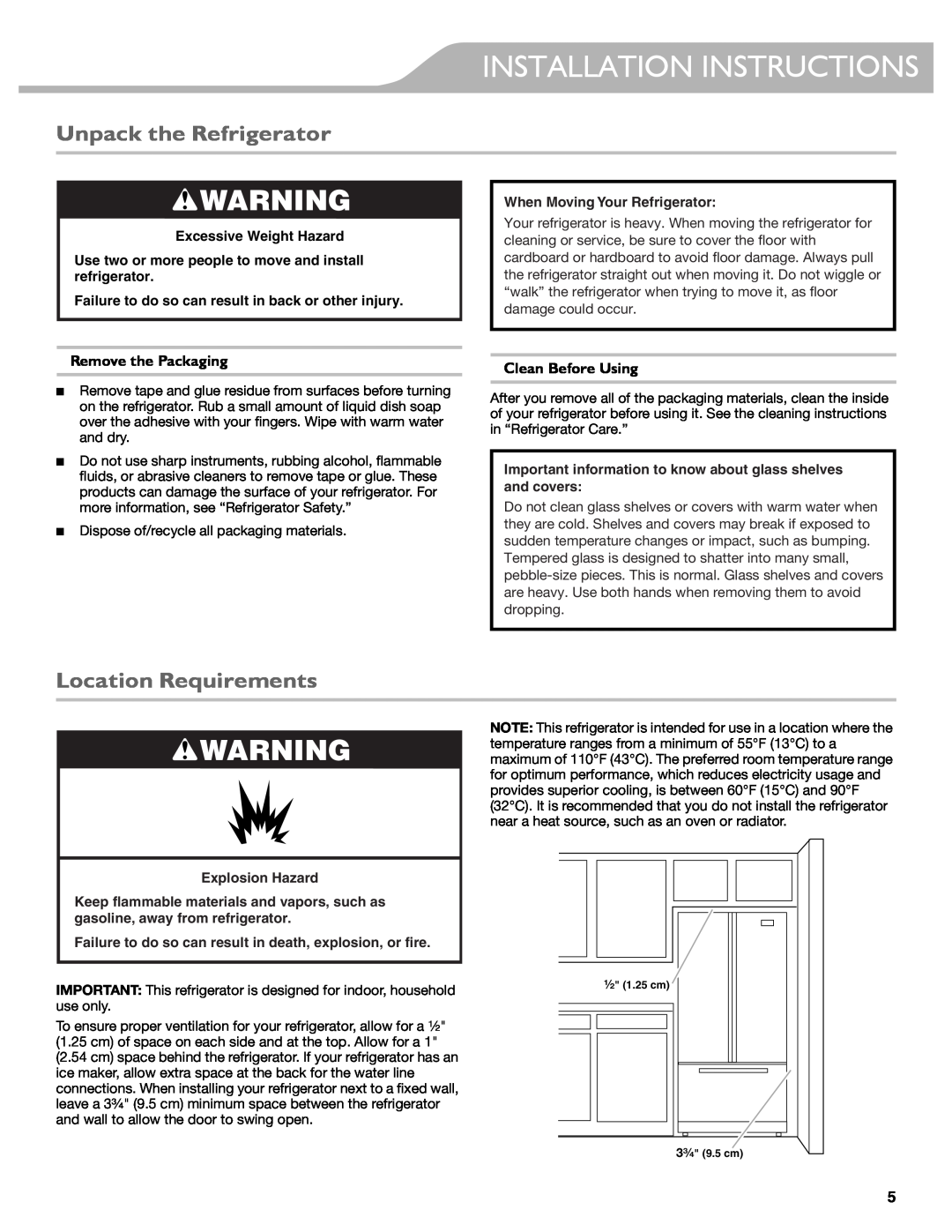 KitchenAid W10417002A Installation Instructions, Unpack the Refrigerator, Location Requirements, Remove the Packaging 