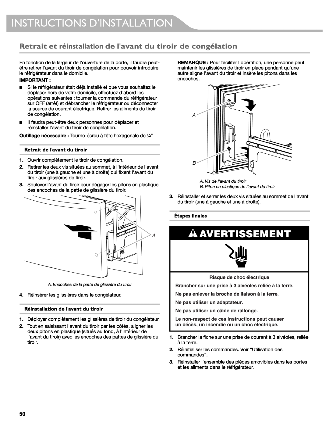 KitchenAid W10417002A manual Retrait et réinstallation de lavant du tiroir de congélation, Retrait de lavant du tiroir 