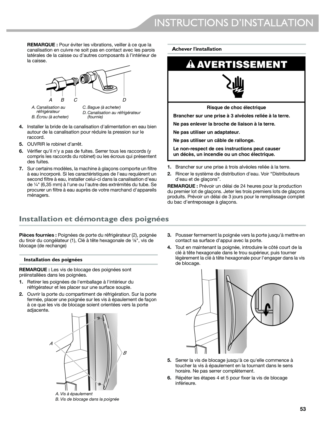 KitchenAid W10417002A manual Installation et démontage des poignées, Achever linstallation, Installation des poignées 