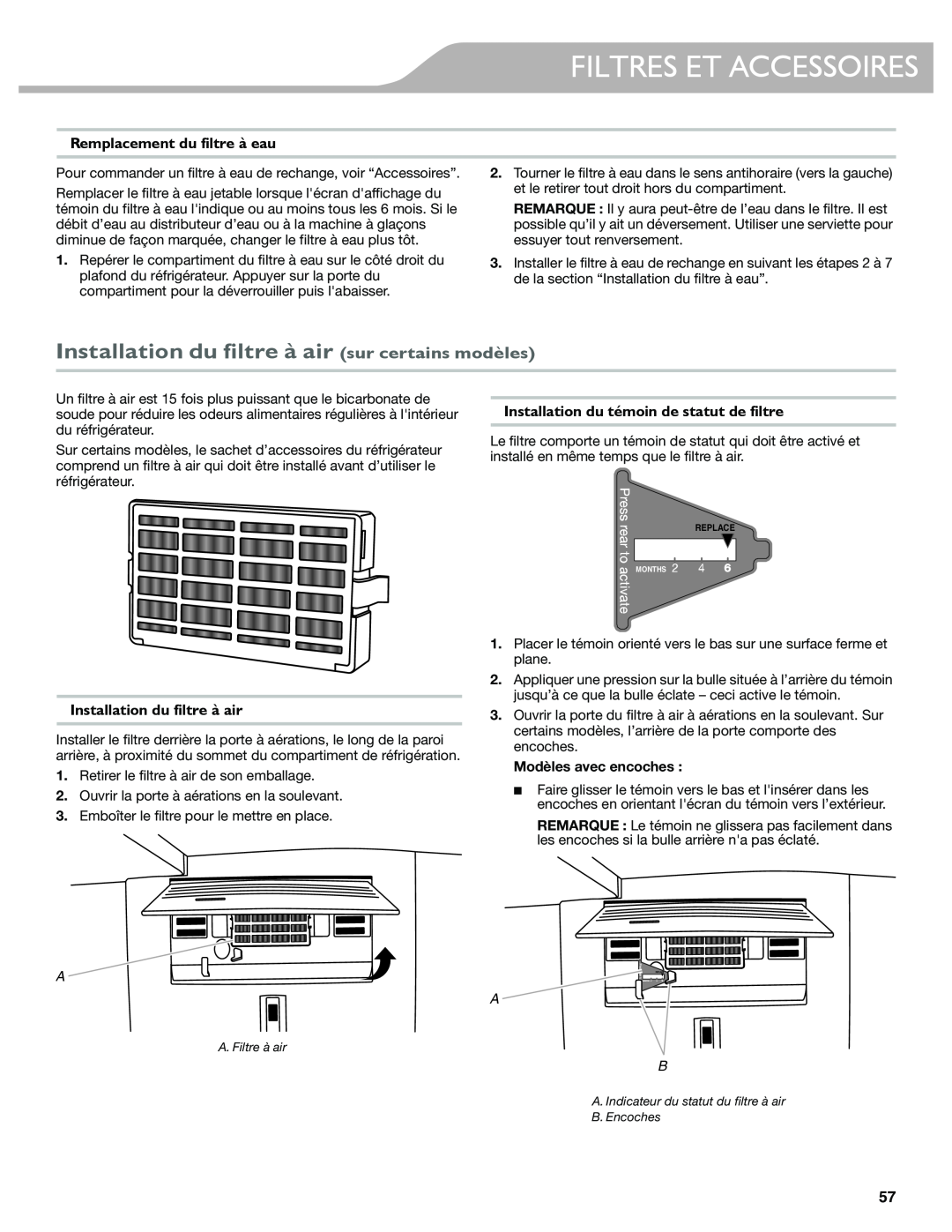 KitchenAid W10417002A manual Installation du filtre à air sur certains modèles, Remplacement du filtre à eau 
