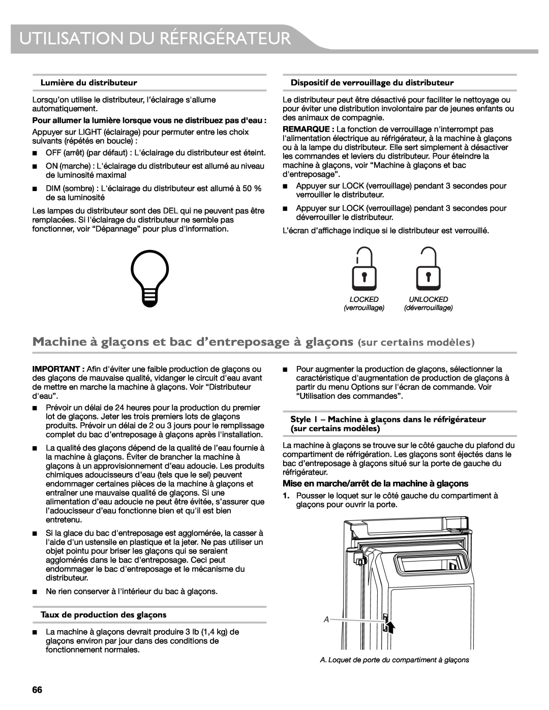 KitchenAid W10417002A manual Machine à glaçons et bac d’entreposage à glaçons sur certains modèles, Lumière du distributeur 
