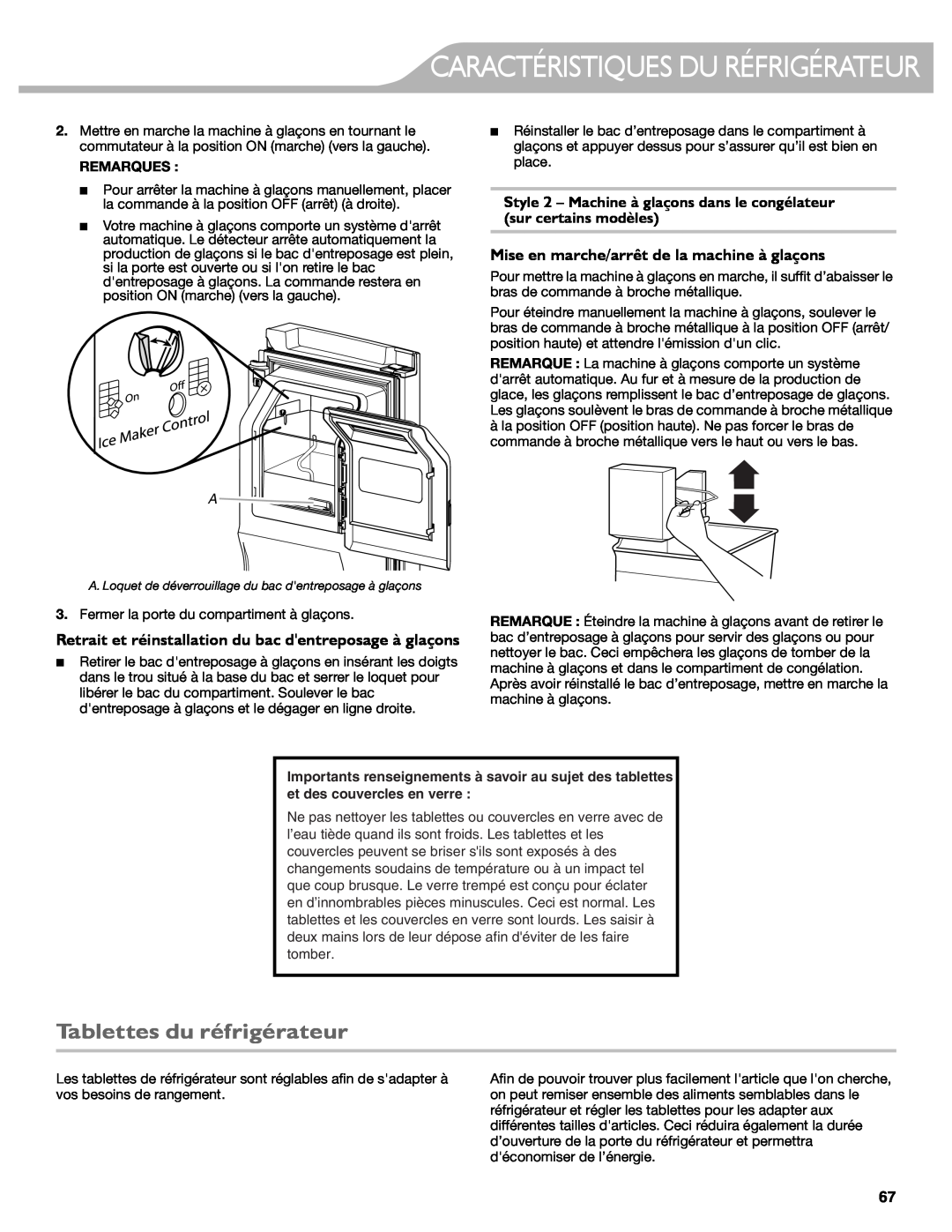 KitchenAid W10417002A manual Caractéristiques Du Réfrigérateur, Tablettes du réfrigérateur, Remarques 