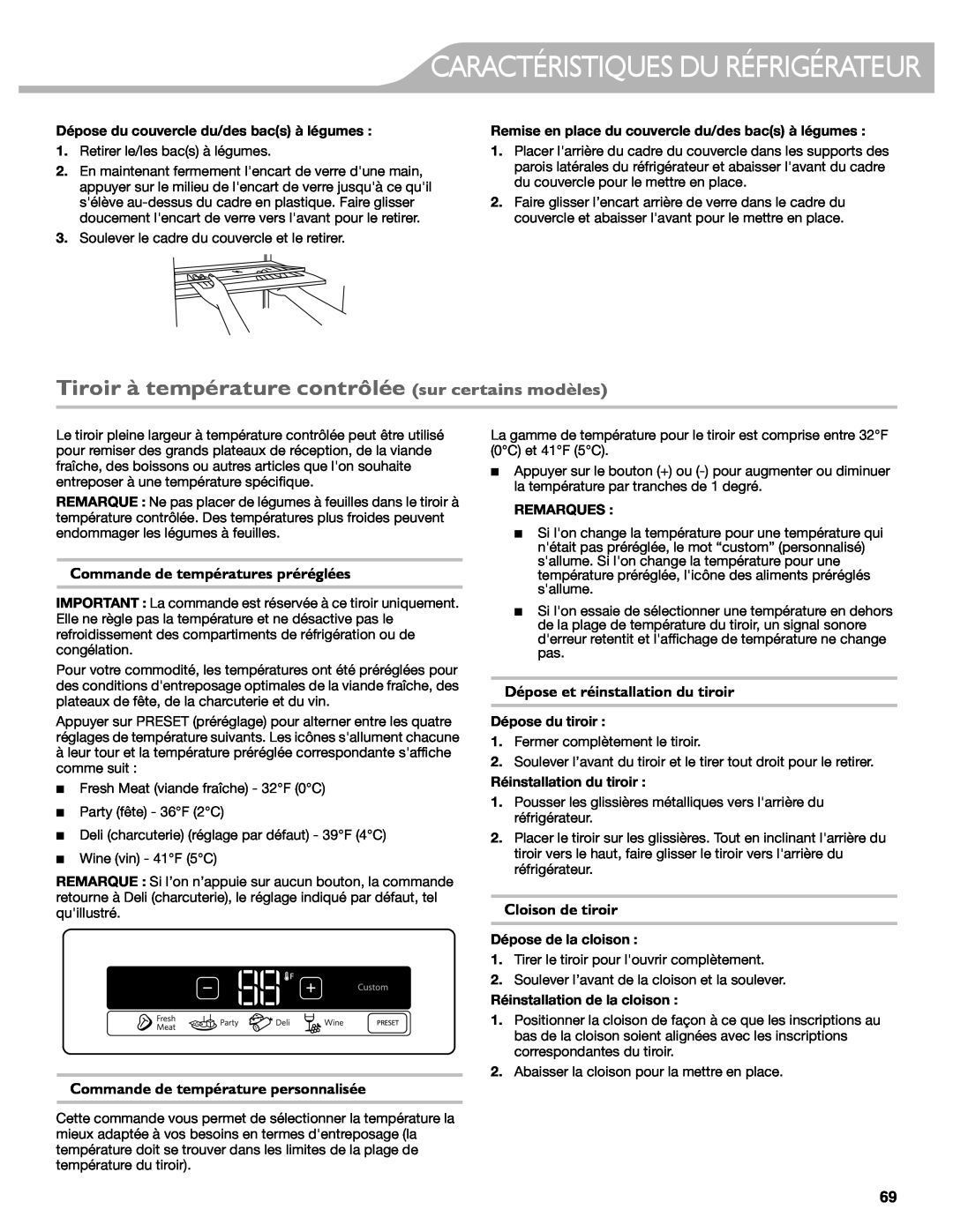 KitchenAid W10417002A Tiroir à température contrôlée sur certains modèles, Commande de températures préréglées, Remarques 