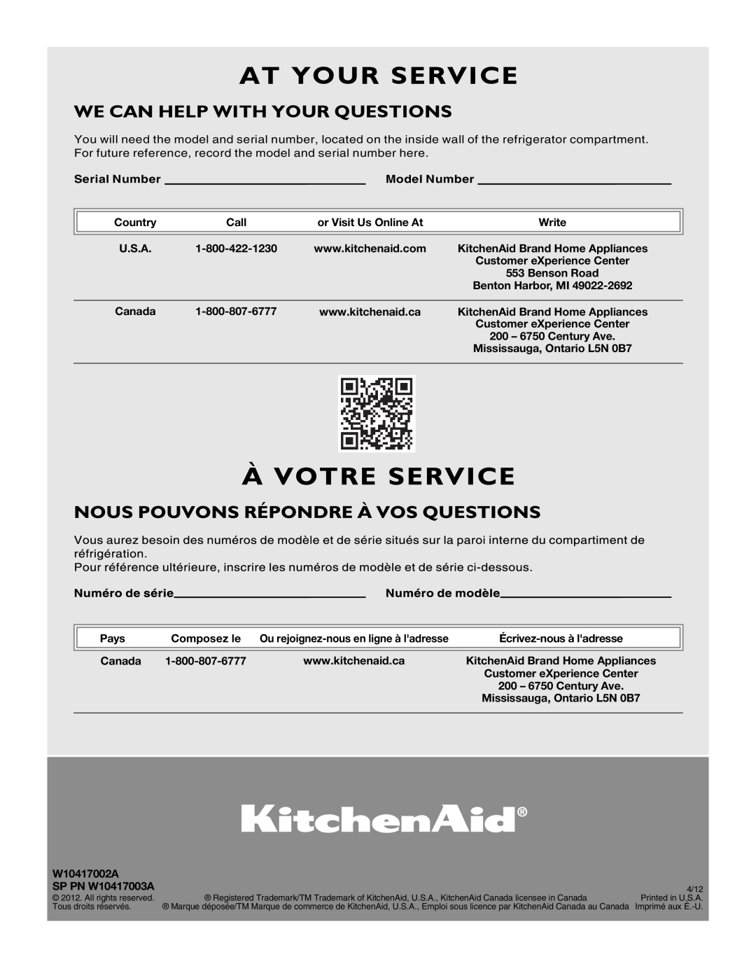 KitchenAid W10417002A Serial Number, Model Number, Country, Call, or Visit Us Online At, U.S.A, Customer eXperience Center 