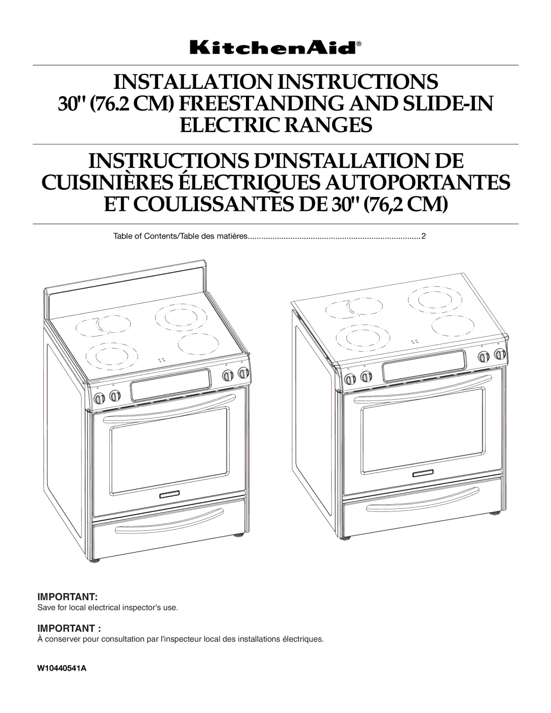 KitchenAid W10440541A installation instructions 