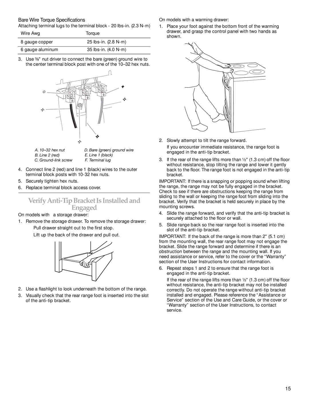 KitchenAid W10440541A Verify Anti-Tip Bracket Is Installed Engaged, On models with a storage drawer 