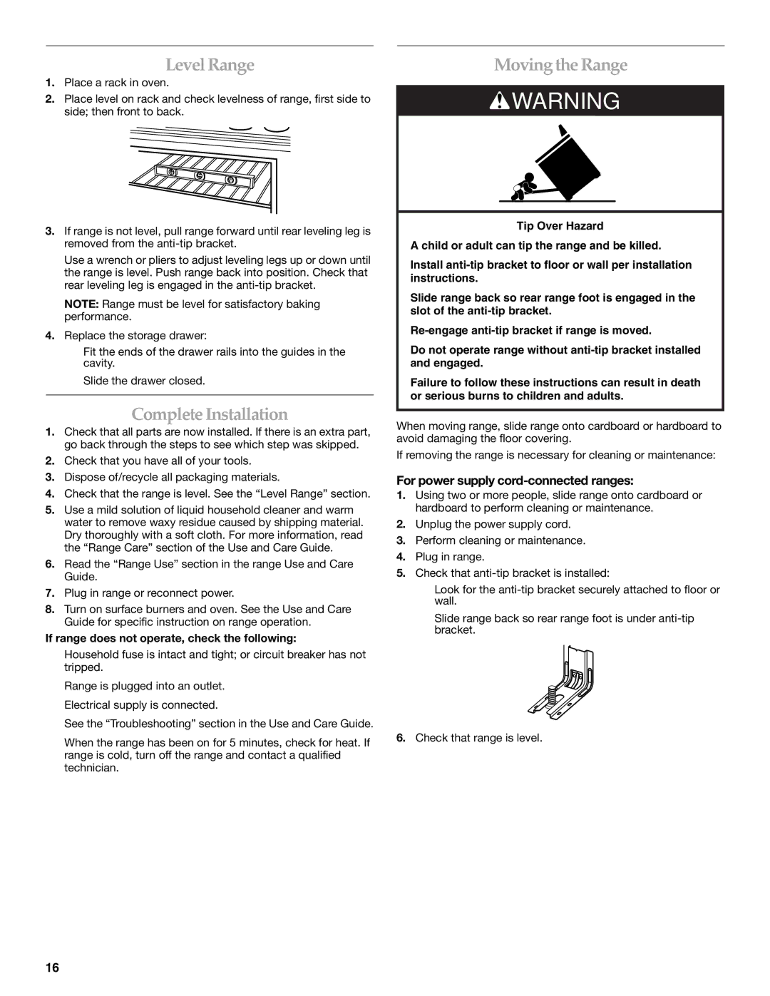 KitchenAid W10440541A Level Range, Complete Installation, Moving the Range, For power supply cord-connected ranges 