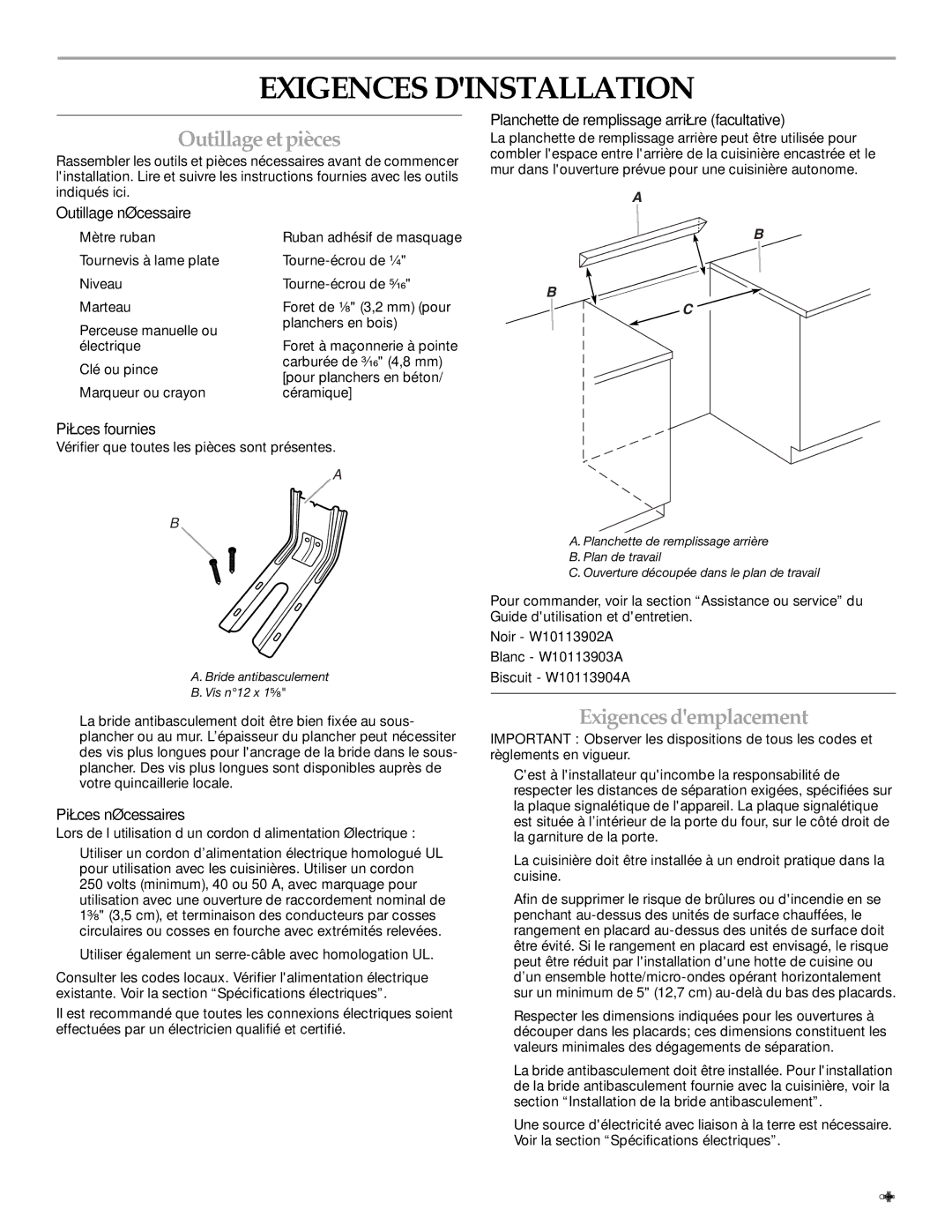 KitchenAid W10440541A installation instructions Exigences Dinstallation, Outillage et pièces, Exigences demplacement 