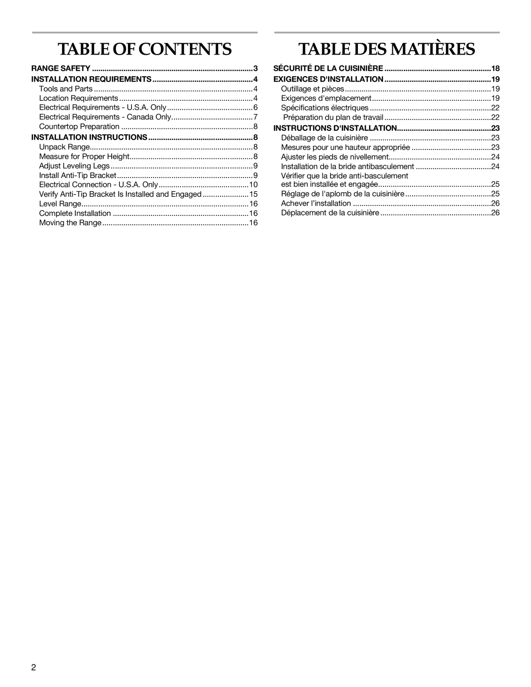 KitchenAid W10440541A installation instructions Table DES Matières, Table of Contents 