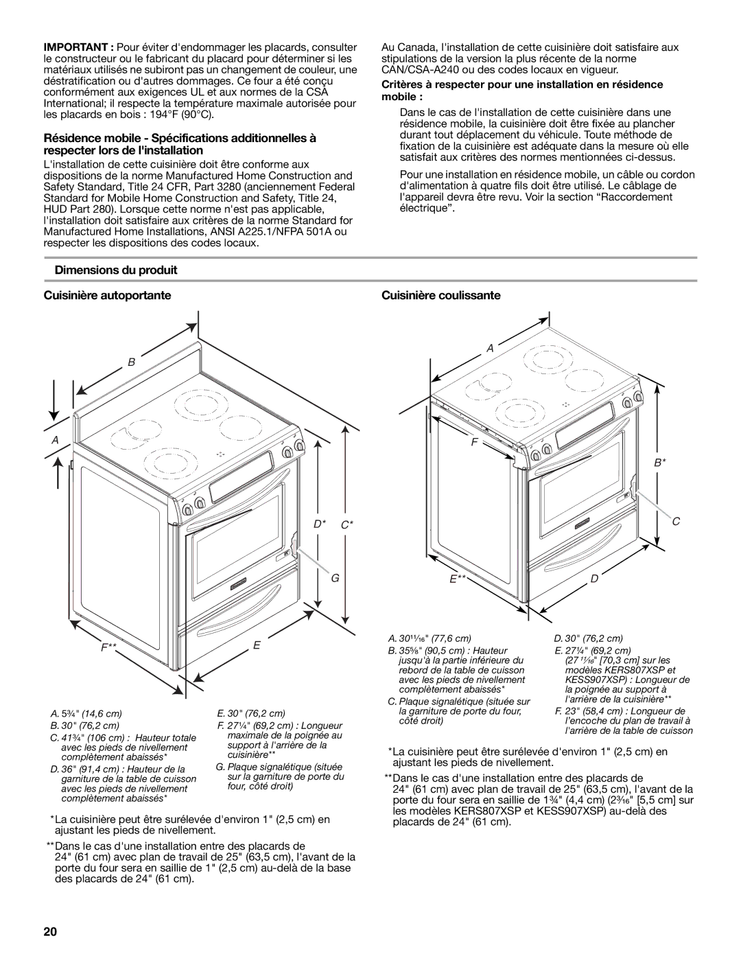 KitchenAid W10440541A installation instructions Dimensions du produit Cuisinière autoportante, Cuisinière coulissante 