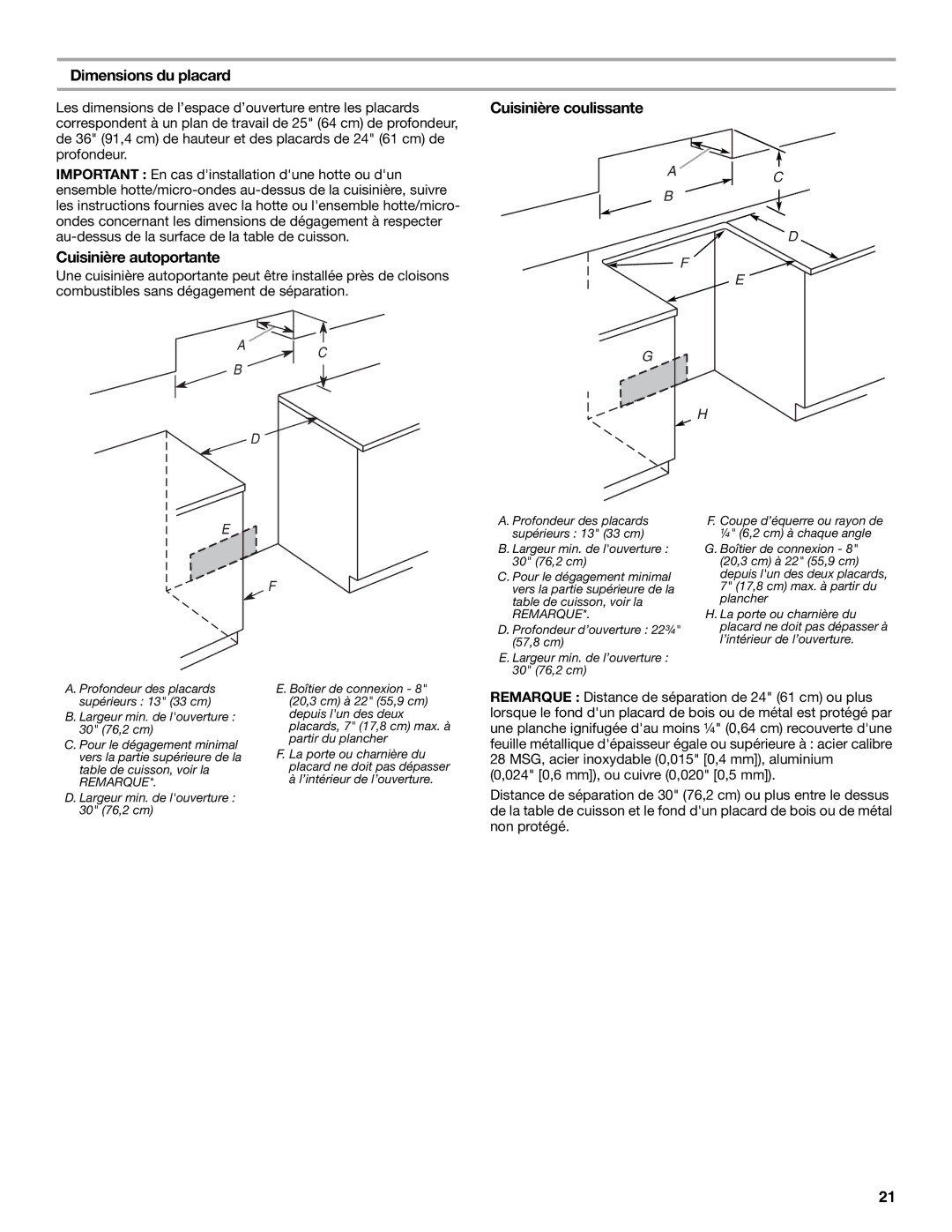 KitchenAid W10440541A installation instructions Dimensions du placard, Cuisinière coulissante 