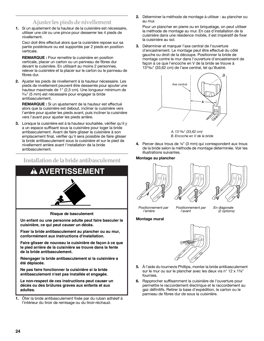 KitchenAid W10440541A Ajuster les pieds de nivellement, Installation de la bride antibasculement, Montage au plancher 