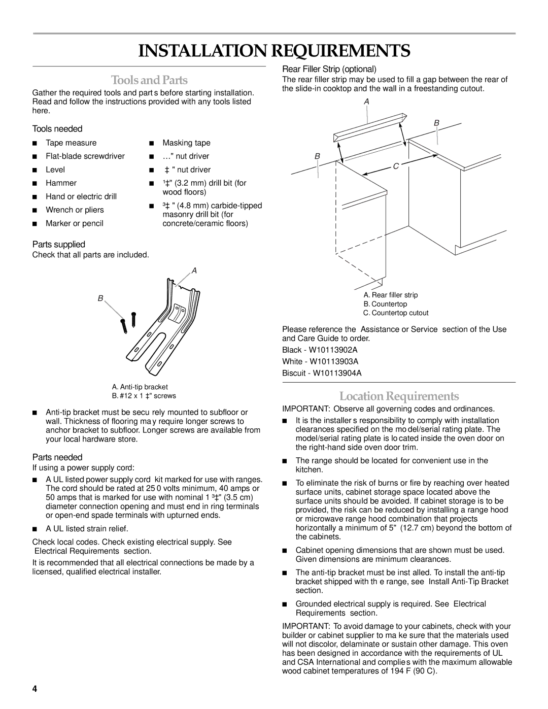 KitchenAid W10440541A installation instructions Installation Requirements, Tools and Parts, Location Requirements 