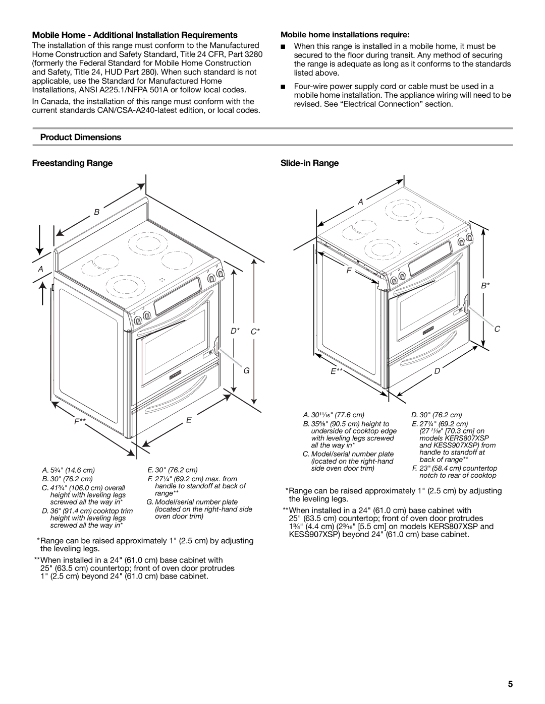 KitchenAid W10440541A Mobile Home Additional Installation Requirements, Product Dimensions Freestanding Range 