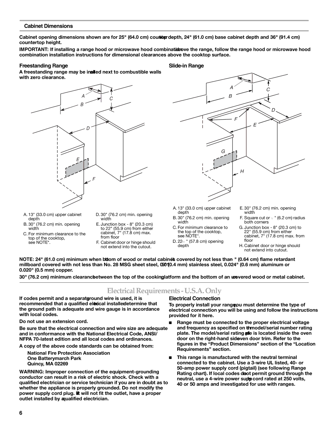 KitchenAid W10440541A Electrical Requirements U.S.A. Only, Cabinet Dimensions, Electrical Connection 