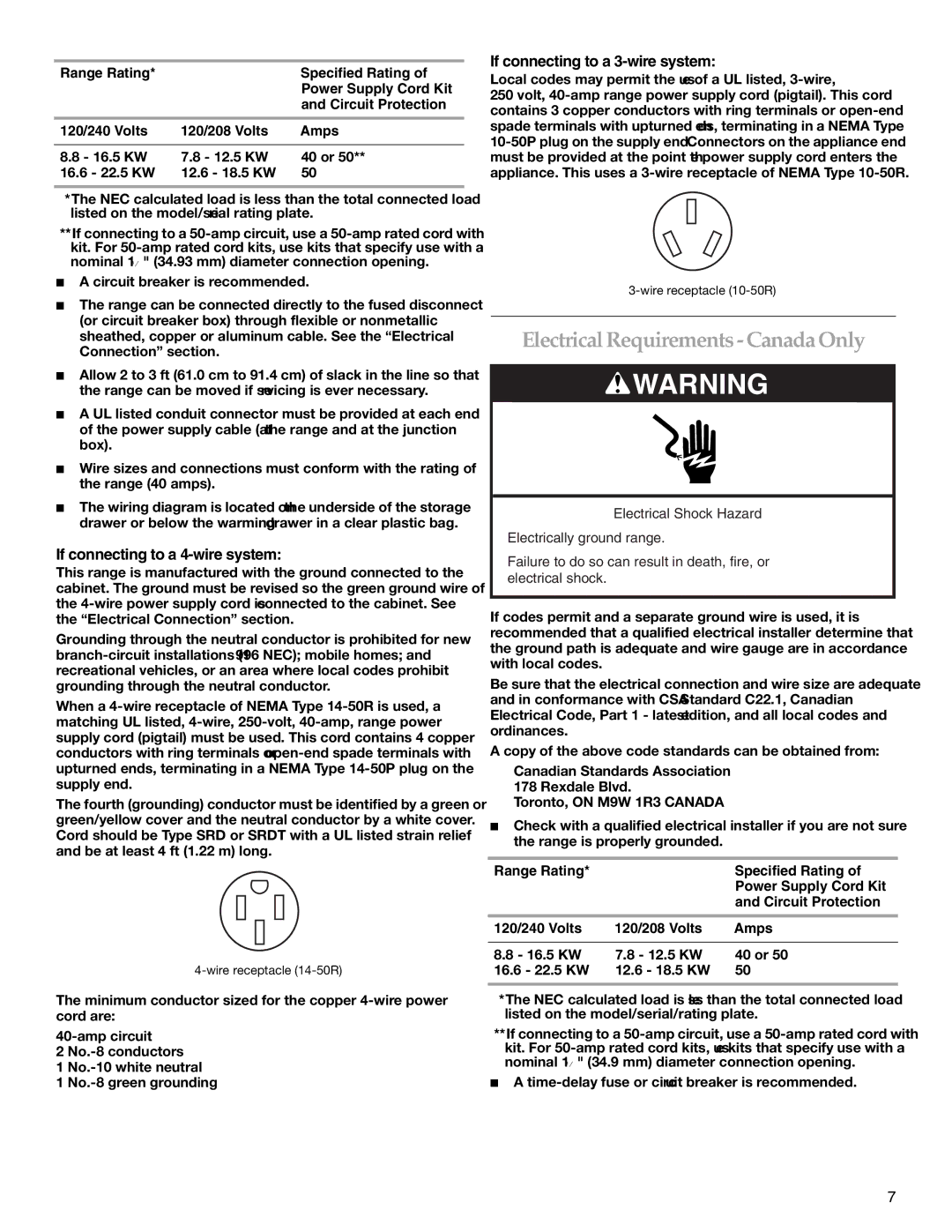 KitchenAid W10440541A installation instructions Electrical Requirements Canada Only, If connecting to a 4-wire system 