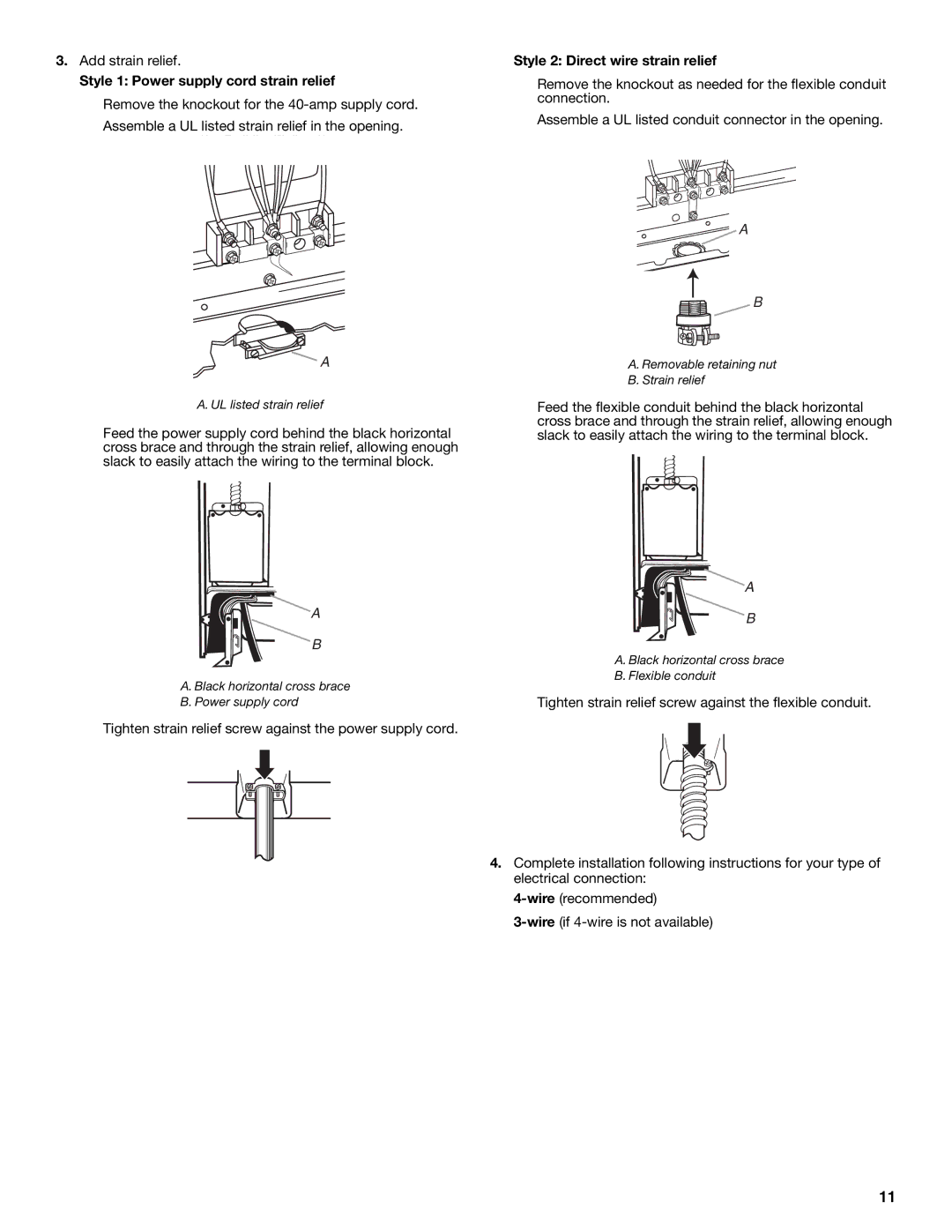 KitchenAid W10440551A installation instructions Style 1 Power supply cord strain relief, Style 2 Direct wire strain relief 